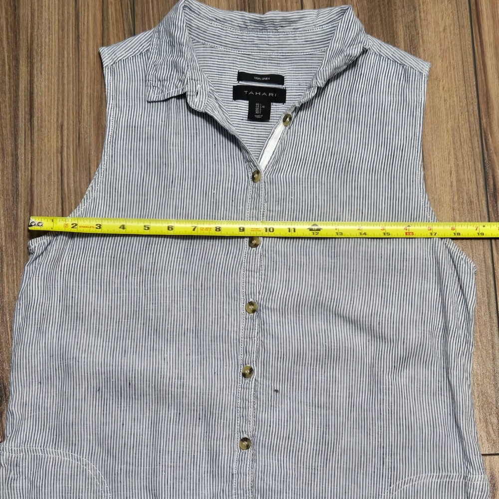 Tahari Blue White Striped Linen Sleeveless Button Front Dress Large w Pockets - Picture 5 of 8